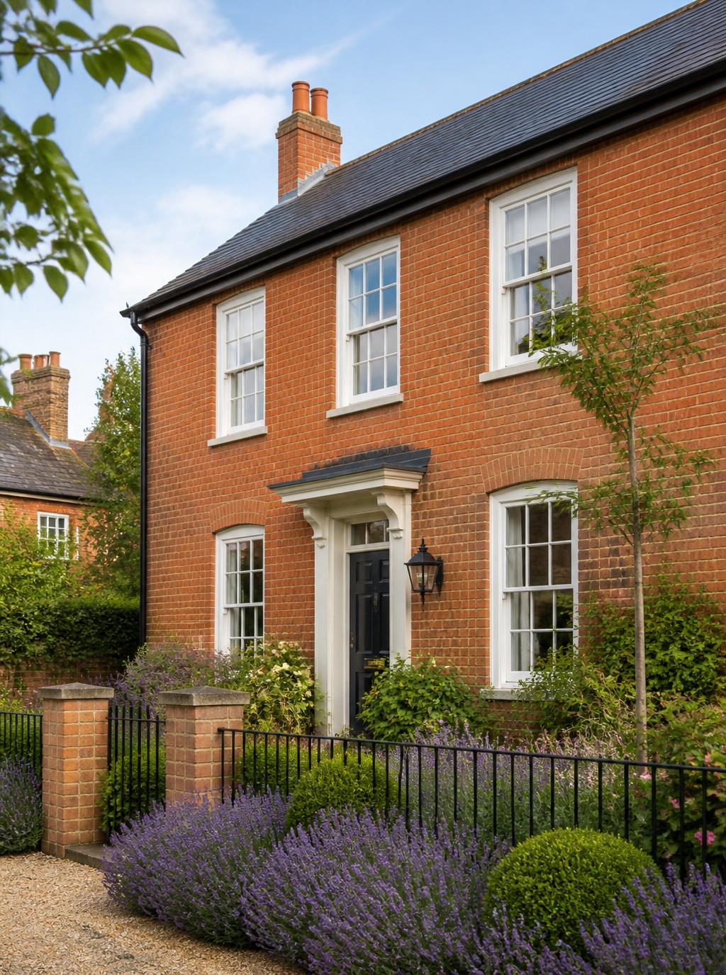 A well-maintained traditional red brick home with white sash windows and a tidy front garden